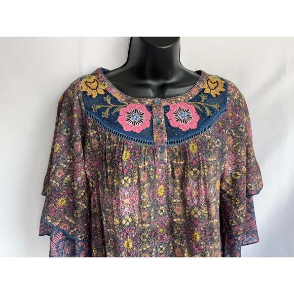 Anthropologie Postmark Ciutadella Boho Top Sz XS Hippie Bell Sleeve Embroidered - Picture 3 of 11
